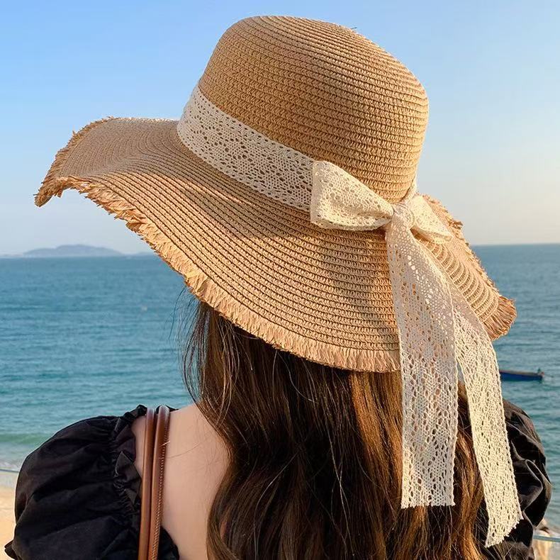 Summer big brim sun hat women's fashion ins seaside sun protection straw hat pastoral pearl face small sun hat