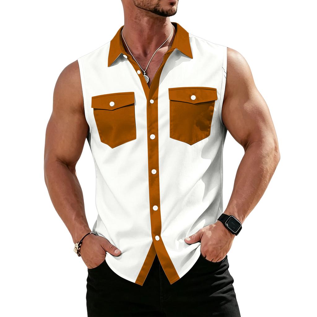 Men's Workwear Lapel Button-Down Vest Shirt - Lightweight Sleeveless Top