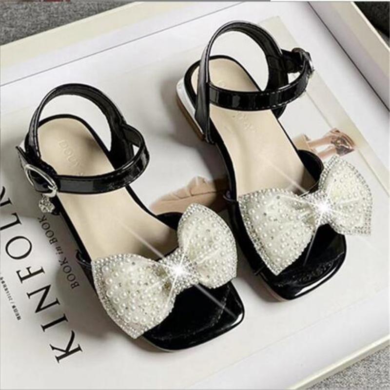 Girls Princess Red Sandals Children S Square Heel Pearl Sandals Student Soft Bow Patent Leather Sandals Girl S Crystal Shoe 28