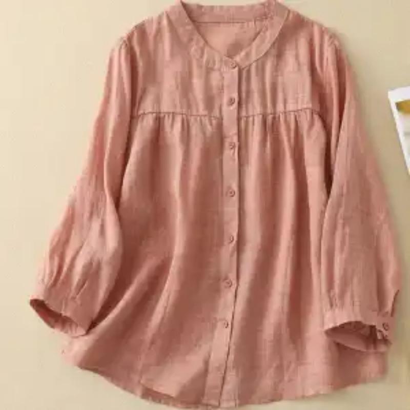 Summer Women's Comfort Linen Shirt Vintage Pleated Stand Collar