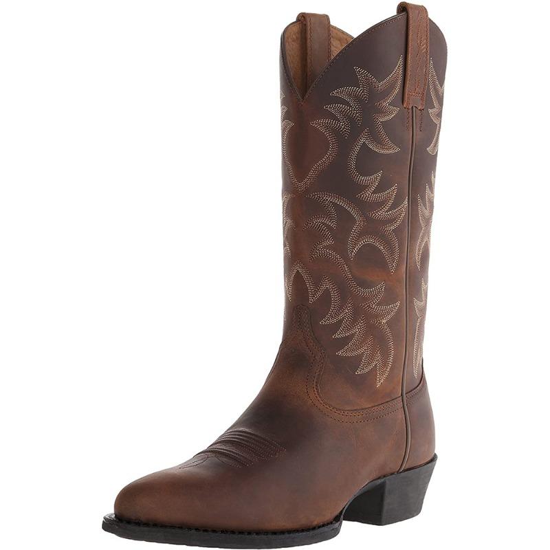 Pointed Toe Middle Heels Comfortable Leather Boots Fashion Embroidery Mid-Calf Boots Totem Design Neutral Shoes Plus Size 48
