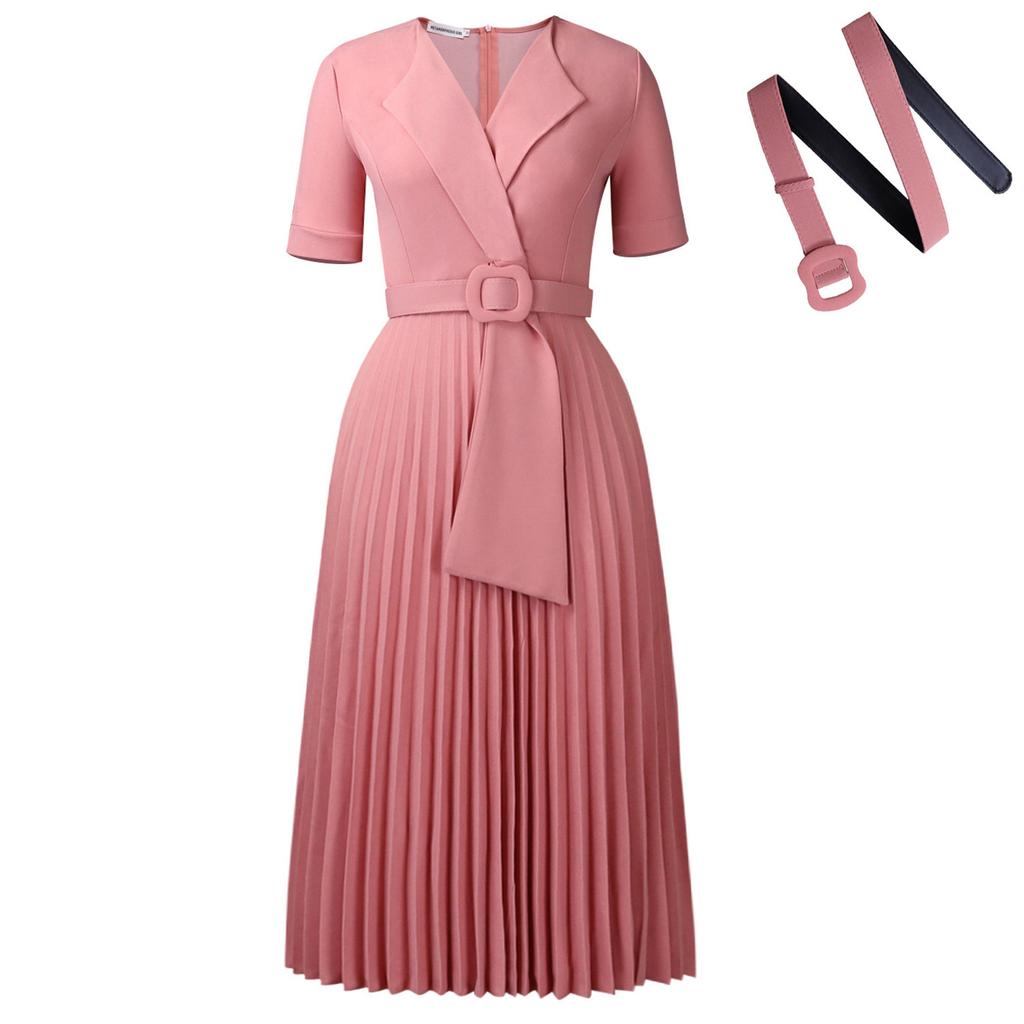 Sexy short-sleeved V-neck fashion temperament elegant pleated large size solid color dress