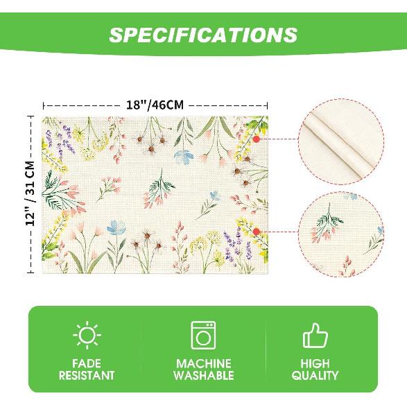 Artoid Mode Flowers Floral Summer Placemats Set of 4, 12x18 Inch Seasonal Spring Table Mats for Party Kitchen Wedding Dining Decoration