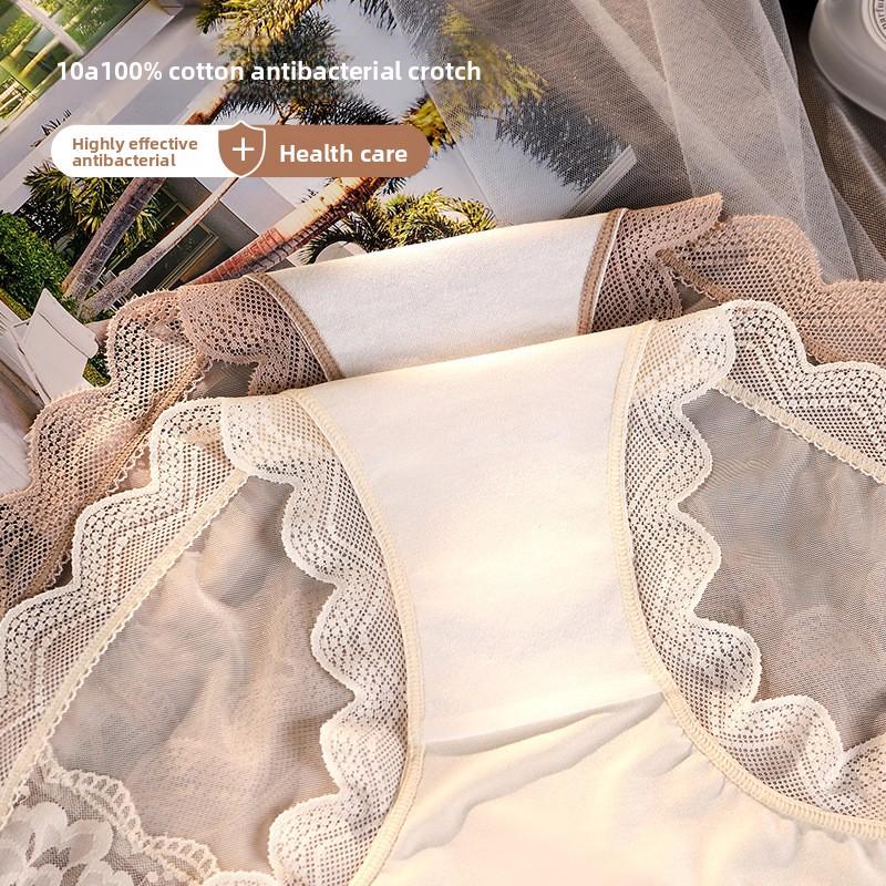 Plus Size Female Summer Sexy Lace Cotton Anti Bacterial Translucent Mesh Briefs