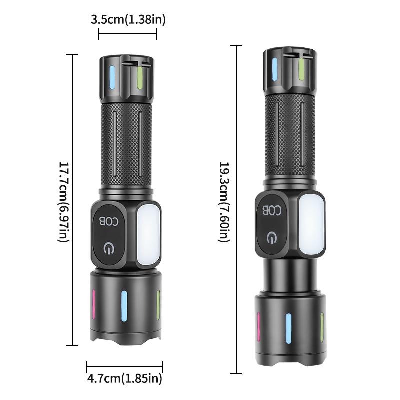 Rechargeable Flashlight with COB Side Light Telescopic Zoom Super Bright USB Battery Indicator for Camping Emergency Lighting