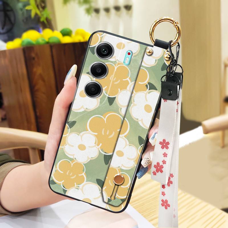Durable Lanyard Phone Case For Tecno Camon40 Pro 4G/5G/CM6/CM7 Waterproof Back Cover Oil Painting Ring Silicone Flower
