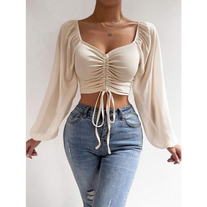 Spring Women's Blouse Low-cut Sexy V-neck Splicing Chiffon Drawstring Lantern Sleeve Slim Tops