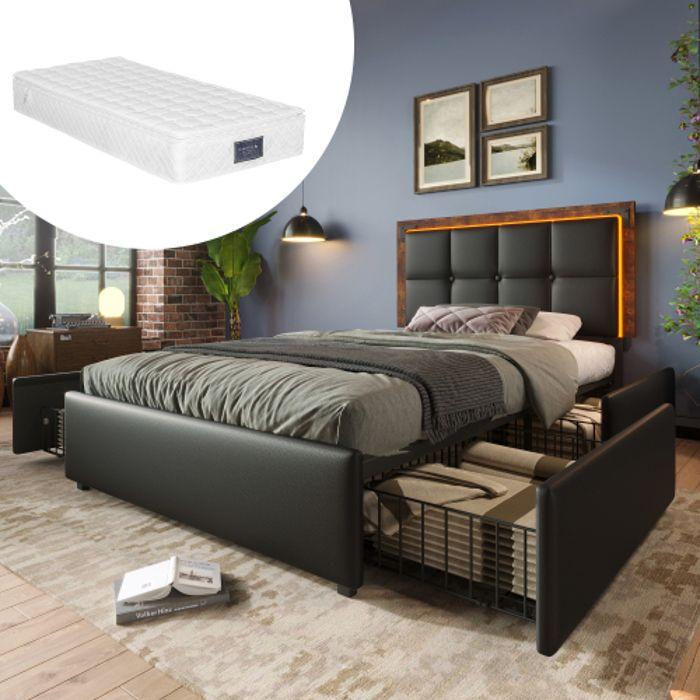 Cadre De Lit Avec Barre Lumineuse LED Et 4 Tiroirs, Lit Simple Rembourré 90x200 Cm, Tête De Lit Réglable Noir PU (avec Matelas)