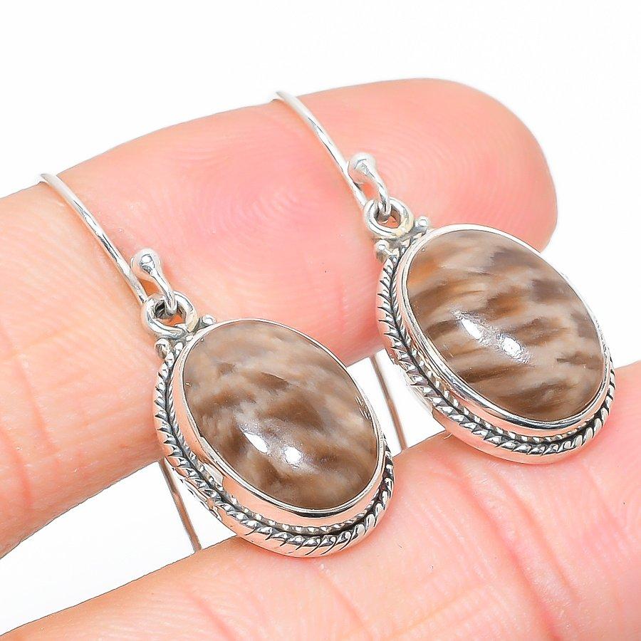 Natural Fossil Coral Gemstone 925 Solid Sterling Silver Gift Earring 1.25" A7C96