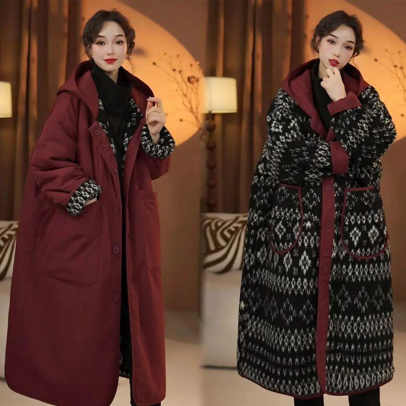 Women's Reversible Cotton Padded Coat Fair Isle Sherpa Hooded Long Vintage Winter Warm Double Sided