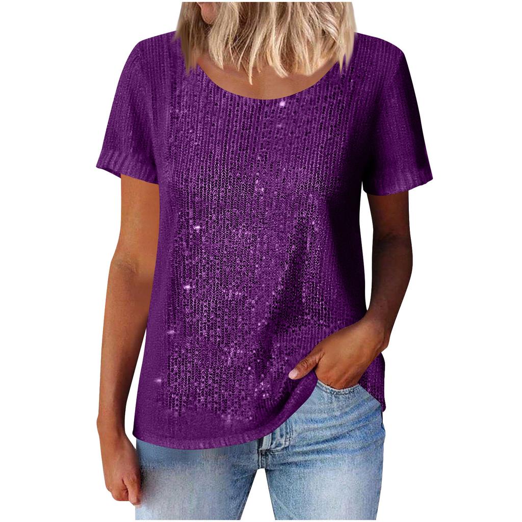 Women Multi Color Round Neck Short Sleeve Glitter Sparkle Casual Top