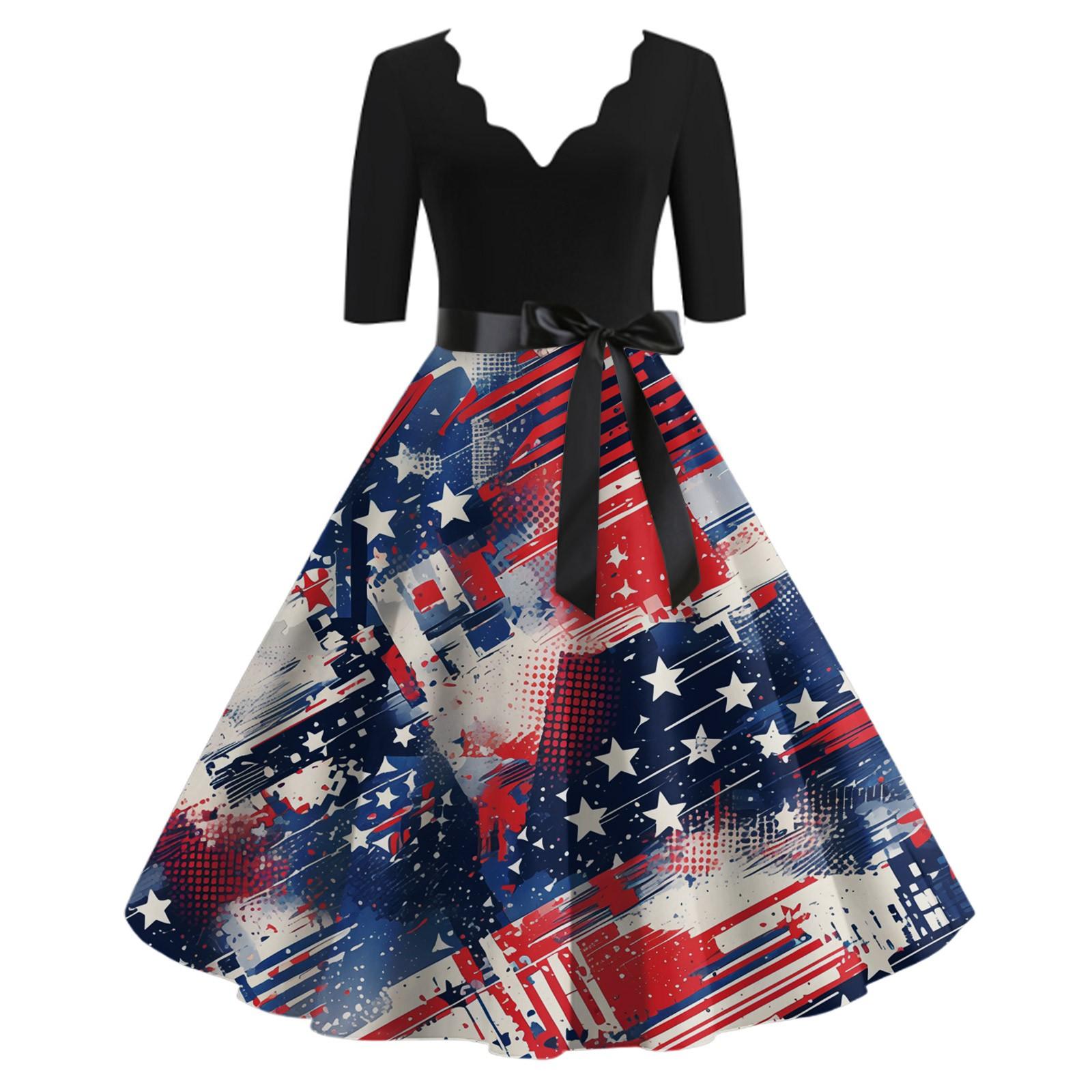 

Women s Casual And Fashionable Independent Day Printed V-Neck Seven Point Cuff Waist Belt Dress S
