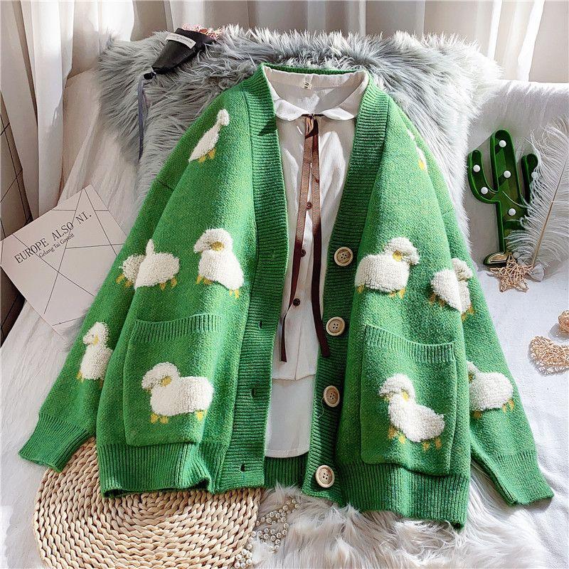 Winter Autumn Sweater Women Sweater Winter Color Matching Animal Pocket Cartoon Sheep Loose Women Cardigan Women