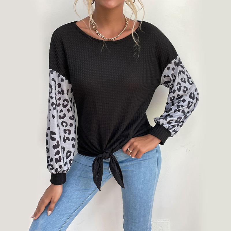 Woman Clothing Fashion Casual Tops Shirts Fashionable and Casual Temperament Women's Round Neck Long Sleeve Patchwork Leopard Print Black Knit Sweater