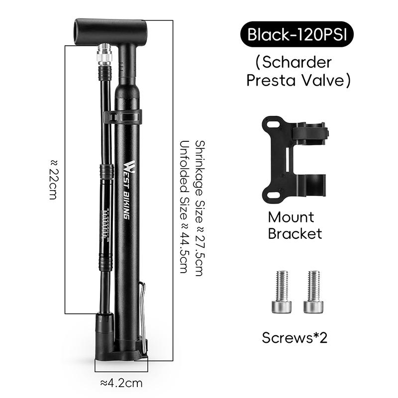 WEST BIKING Portable Bicycle Pump With Pressure Gauge Mini Floor Pump Extension Hose Tire Inflator MTB Road Bike Accessories чёрный