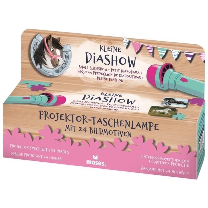 Lampe de poche - Moses - Projection chevaux - 11,7 cm - 24 images - Bleu/Rose