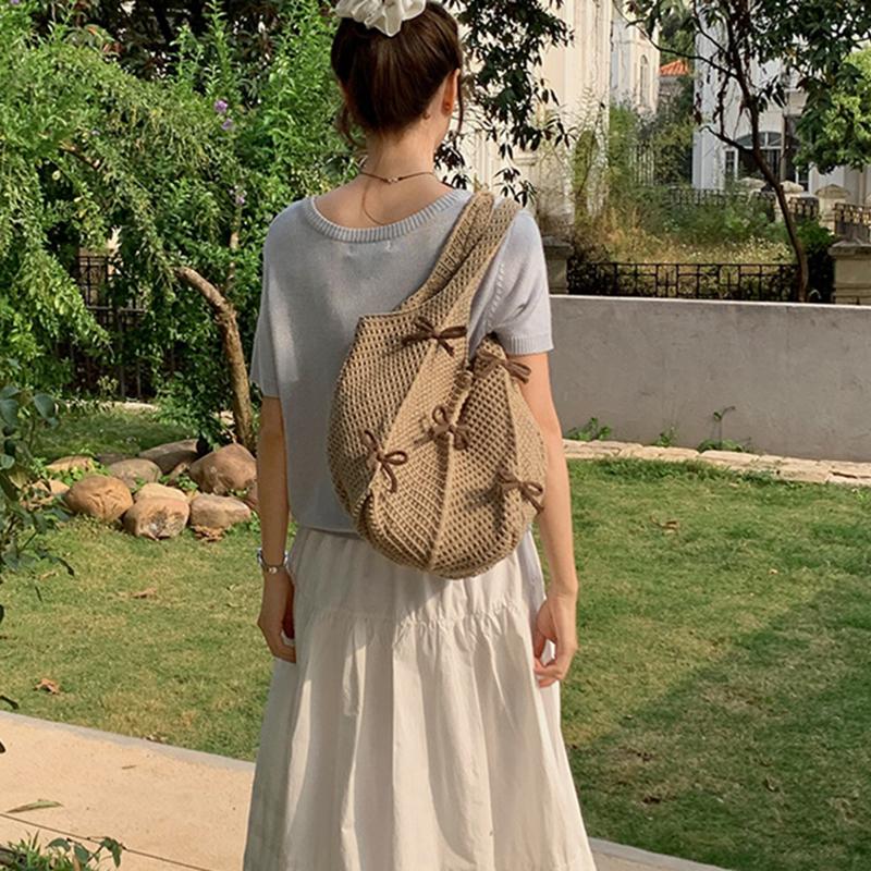 Women Crochet Tote Candy Bag Fashion Knitted Large Capacity Woven Shoulder Bags Solid Color Simple Shopping Bag for Summer Beach CLE