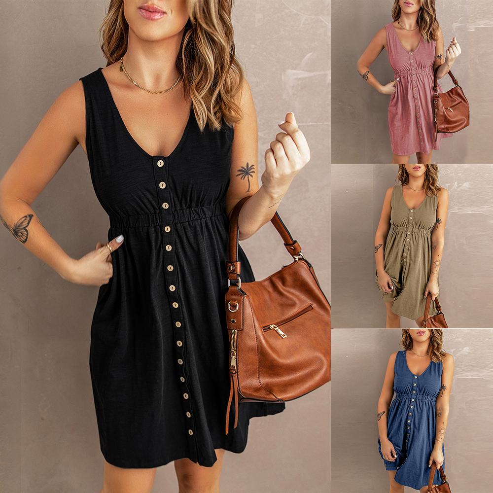 

Женщины Сексуальные пуговицы V Шея Мини-жилет Платье Дамы Лето Без рукавов Качели Платье