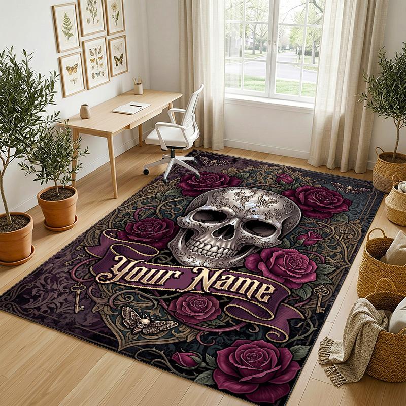 Skull Floral Theme Soft Crystal Velvet Rug Custom Name & Text Print Non Slip Floor Rug for Bedroom Living Room