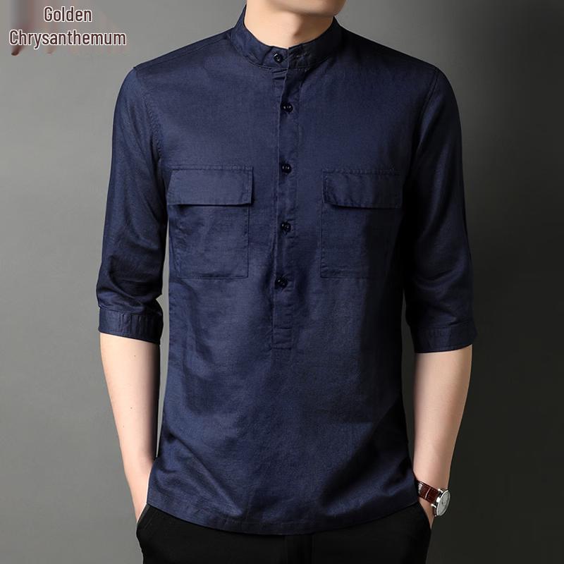 Men s Chinese Style Stand Collar Cotton Linen Half Sleeve T-Shirt S