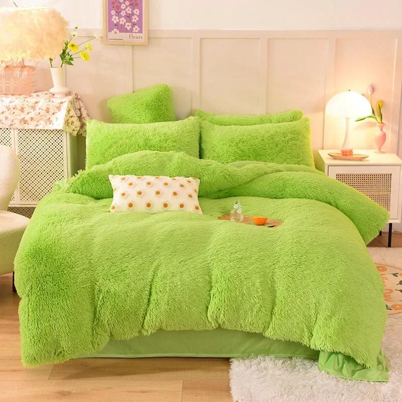 

3/4 шт. Зимний теплый плюшевый пододеяльник розовый норковый бархат+пушистый фланелевый чехол для одеяла размер Квин Кинг Роскошный комплект постельного белья для двуспальной кровати 1.5M-4PCS зелёный