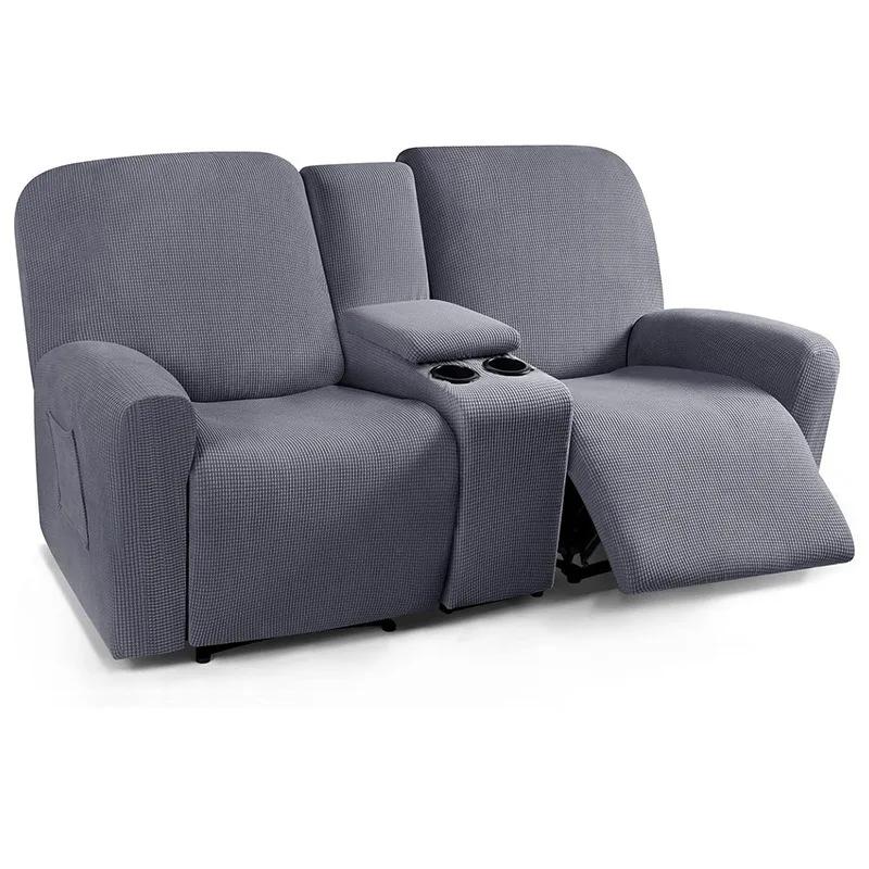 Solid Color Recliner Covers All-inclusive Loveseat Center Console Sofa Covers Elastic 2Seater Couch Slipcovers with Cup Holder