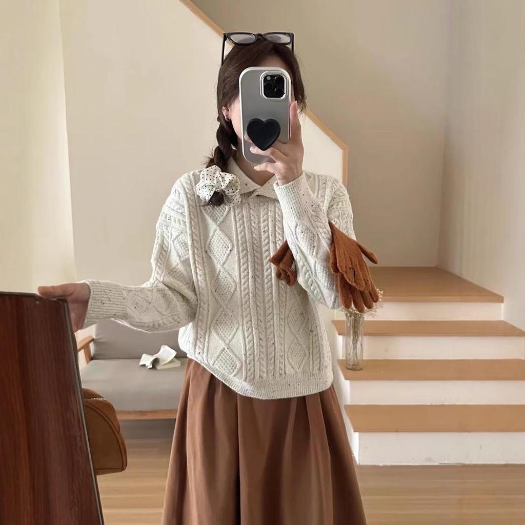 2026 Women's Autumn/Winter Cable Knit Lapel Pullover Sweater - Fashionable, Versatile, Trendy Base Layer Style.