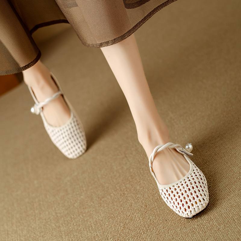 Krazing Pot Microfiber Mules Weaving Summer Size 41 Low Heels Pearl-studded Party Shoes Women Square Toe Gladiator Hollow Out Pumps