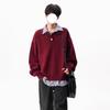 Burgundy Fake Two-piece Knitted Sweater Men's and Women's Autumn American Trendy Brand Henry Neck Sweater Retro Loose Casual Thread