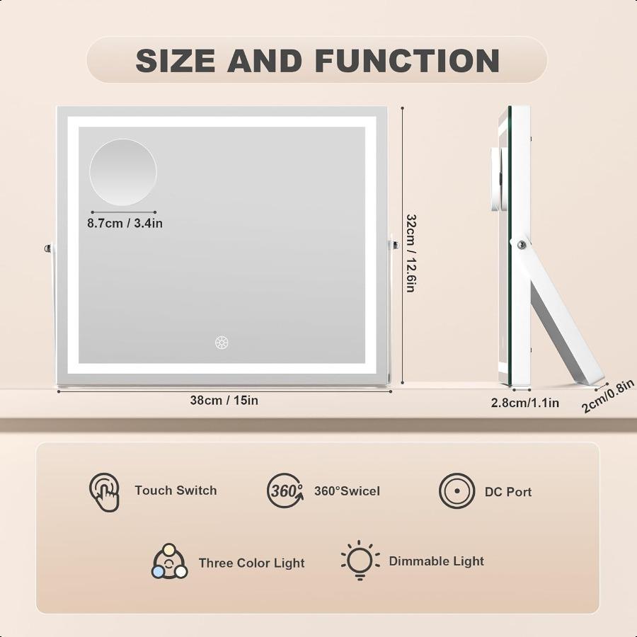 Vanity Mirror with Lights 15 X 13 LED Makeup Mirror with 10X Magnification Smart Touch 3 Colors Dimmable Adjustable Brightn 360