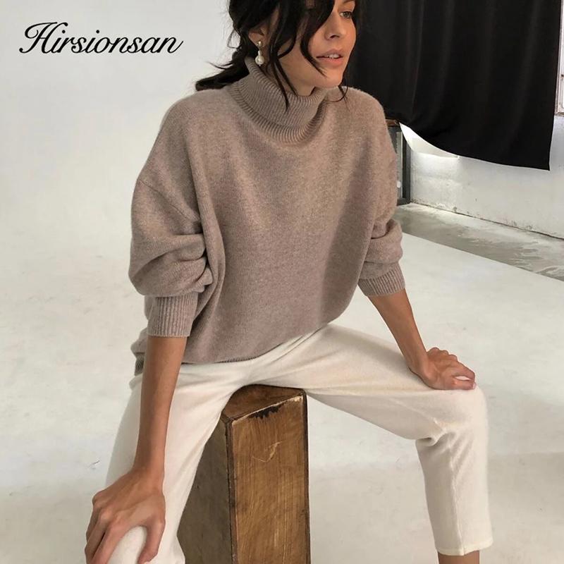 Hirsionsan Turtle Neck Solid Cashmere Sweater Women Elegant Soft Warm Female Knitted Pullovers Basic Loose Female Jumper