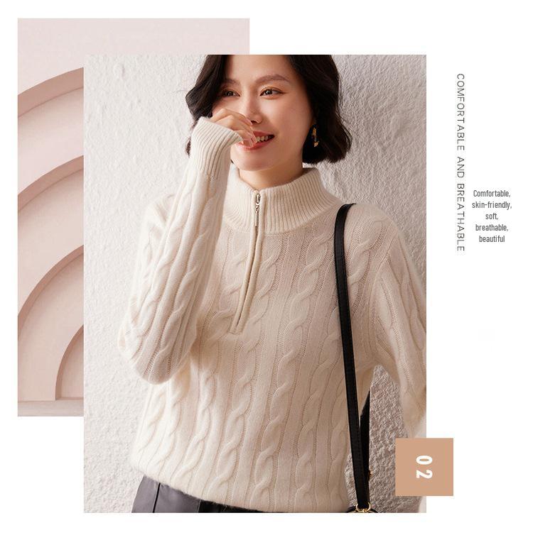 Women's Thickened Cashmere Stand Collar Zipper Sweater - Soft, Warm Cable Knit for Autumn/Winter