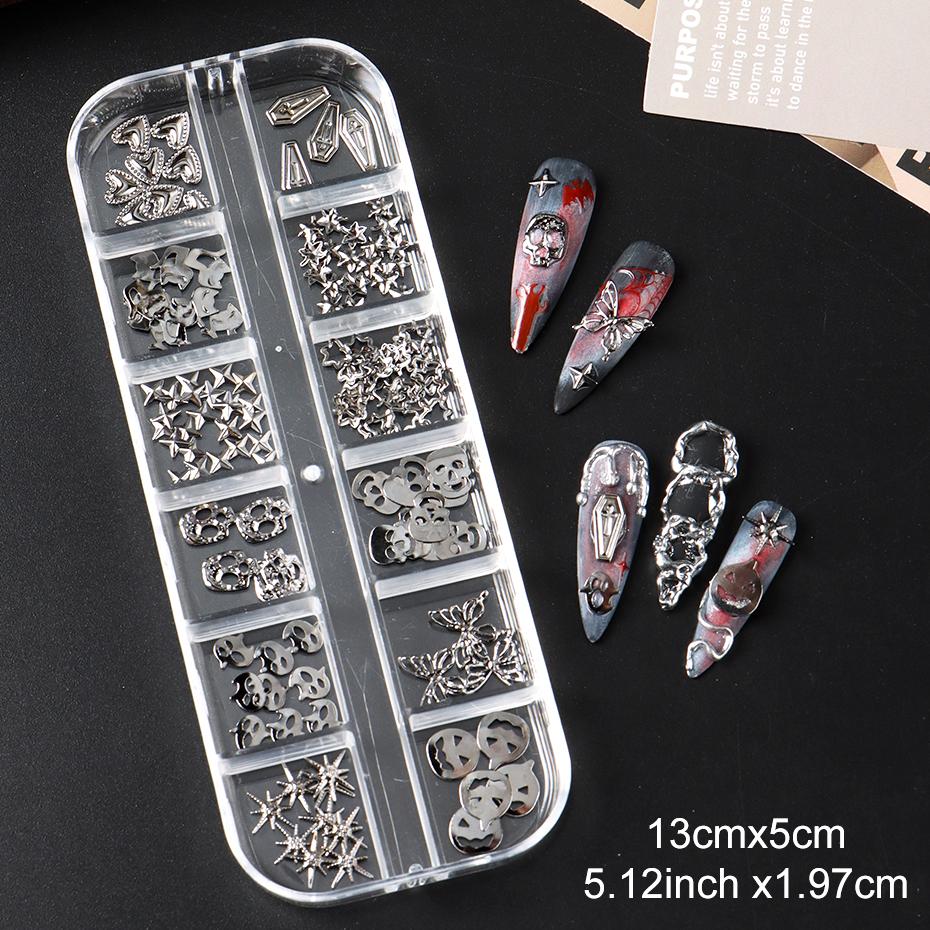 Xiaomi 12 Grids Silver Metal Halloween Nail Art Decorations Y2K Gothic Spooky Cat Skull Coffin Butterfly Star Heart Manicure Nail Decor