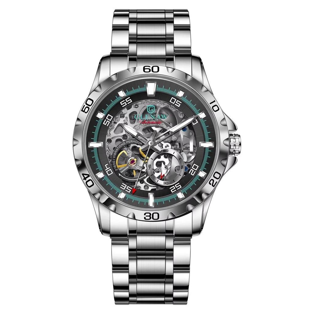 Man Steampunk Skeleton Fully Automatic Mechanical Watch Luminous Waterproof Stainless Steel Strap