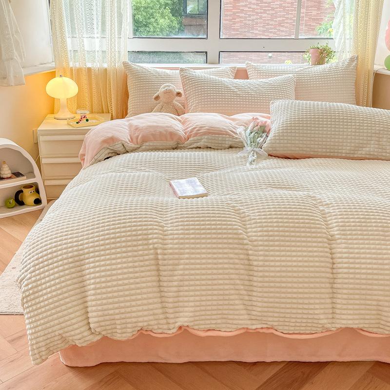 Thickened Milk Fleece Four-Piece Coral Fleece Quilt Cover Cut Flower Fleece Bed Sheet Mattress Bedding Three