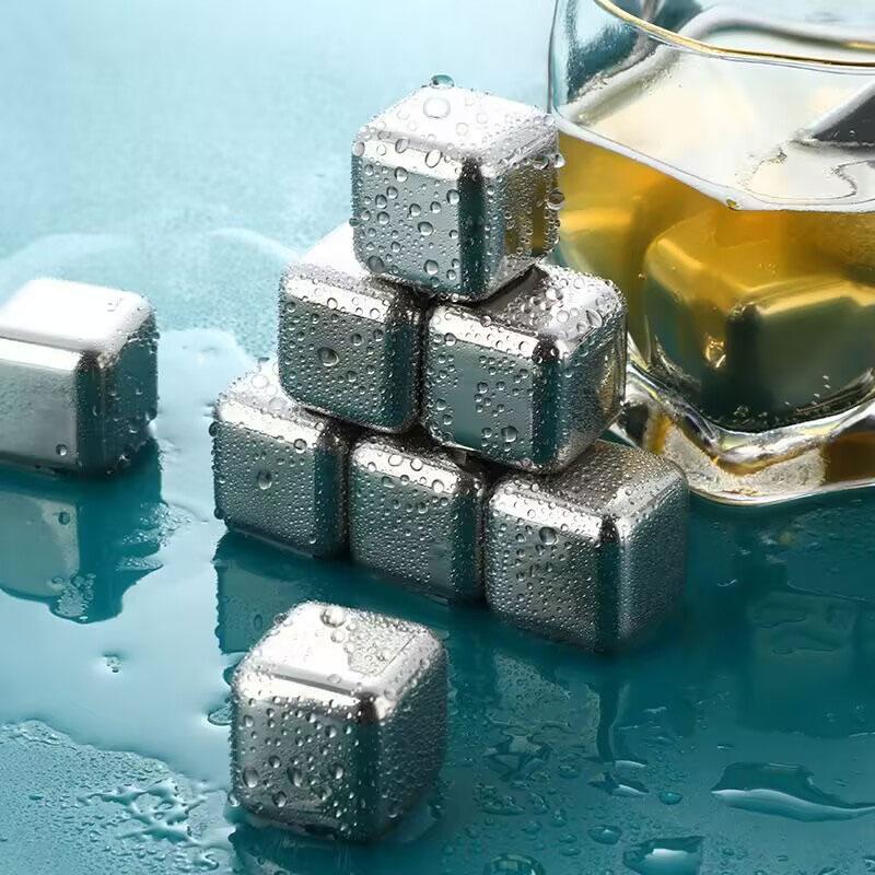 Reusable Ice Cubes Drinks Stainless Steel Whiskey Stones Cooling Metal Whiskey Rocks 6Pcs Chilling Stones for Wine Chilling Rock