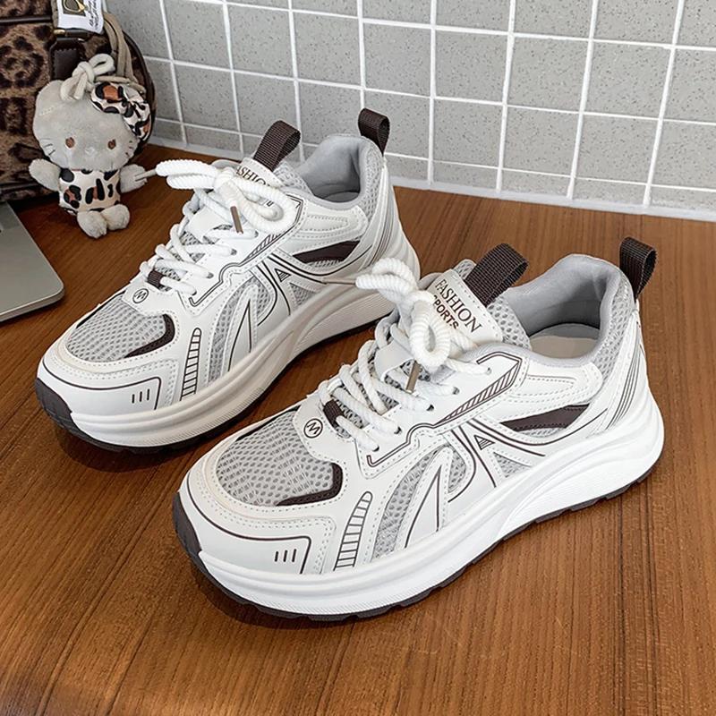 

Fashion Korean Breathable Platform Sport Shoes Women 2025 Spring Lace Up Chunky Sneakers Woman Comfortable Non Slip Walking Shoes Mujer 35 коричневый