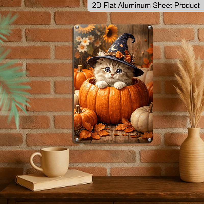 2D Flat, 1pc Autumn Maple Witch Kitty Aluminum Sign, Pumpkin Decorative Sign, Fun Decor, Halloween Artwork Wall Decor, Modern Wall Art, for Living