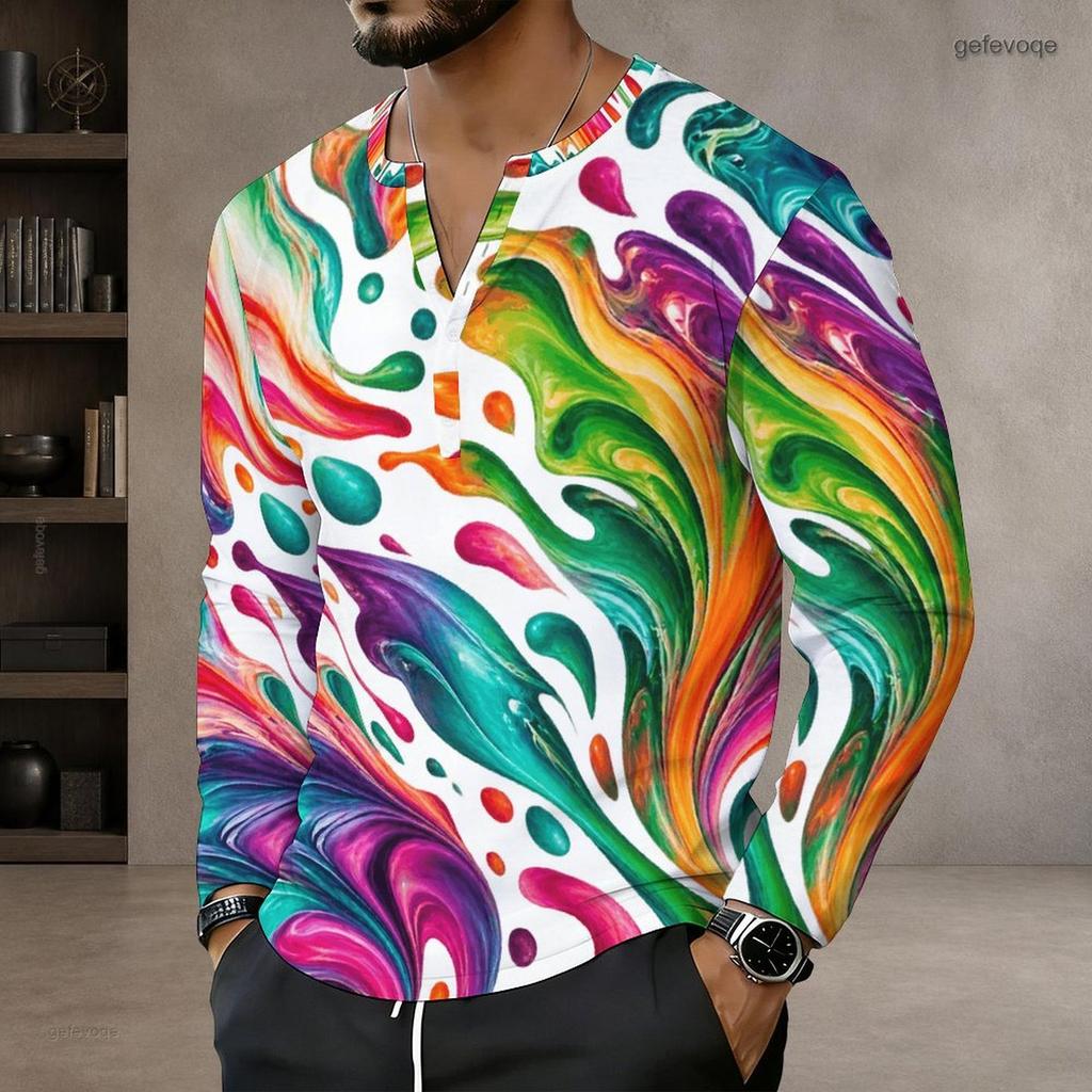 Men s Plus Size Notch Neck Long Sleeve Blue White Abstract Wave Printed Pullover Shirt