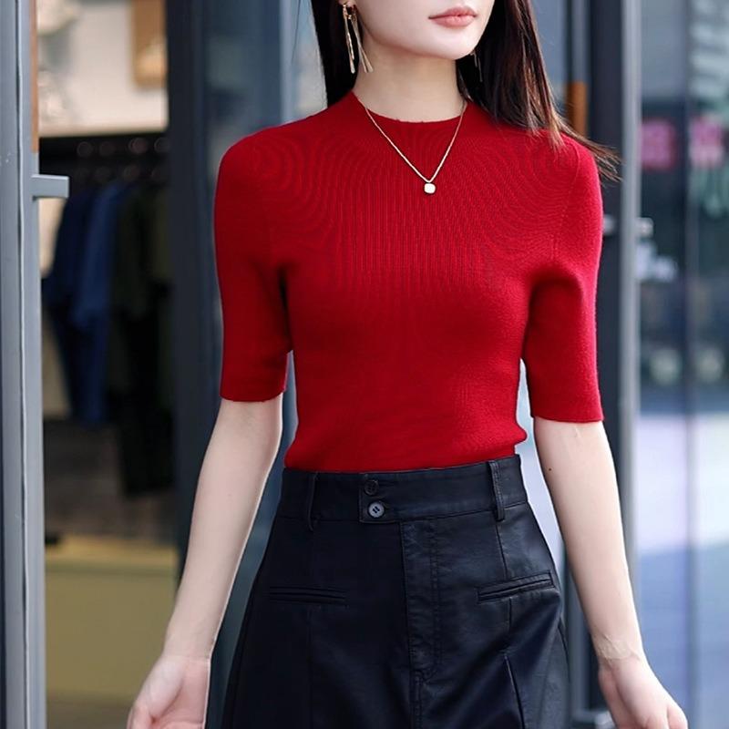 Machine washable worsted 0 full wool pullover semi-turtleneck medium sleeve bottomed knitted sweater new wool sweater autumn slim fit