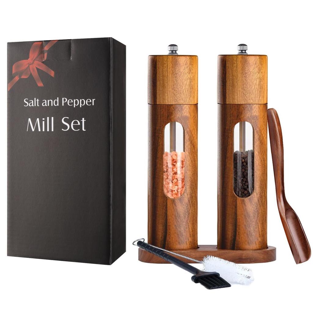 Wooden Salt and Pepper Grinder,8 Inch Manual Pepper Mill Adjustable Coarseness Refillable,Acacia Wood Pepper Shakers for Kitchen