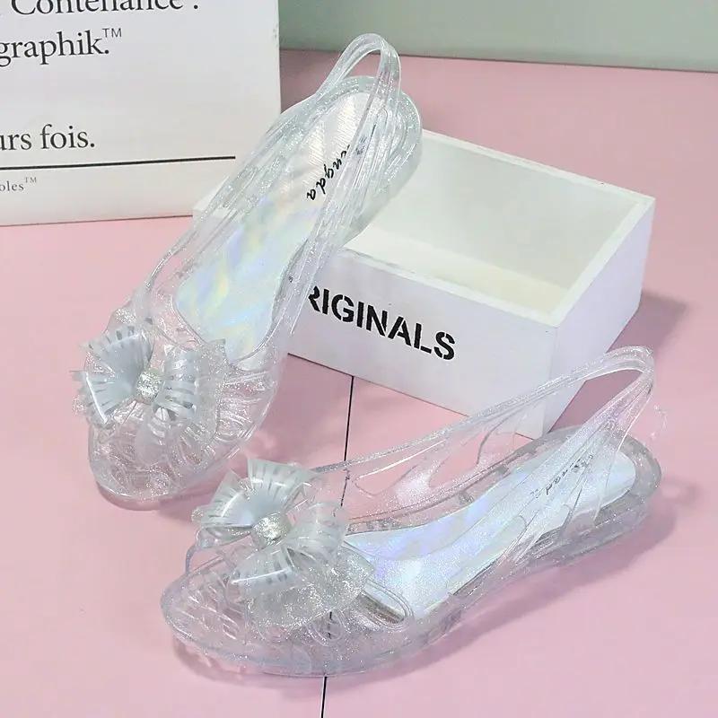 

Женская обувь Желейные балетки Резиновая пластиковая обувь Пляжная Кристалл Без каблука Прозрачная Уличная Бант Лето 2025 Открытый носок H Лучшая F 38