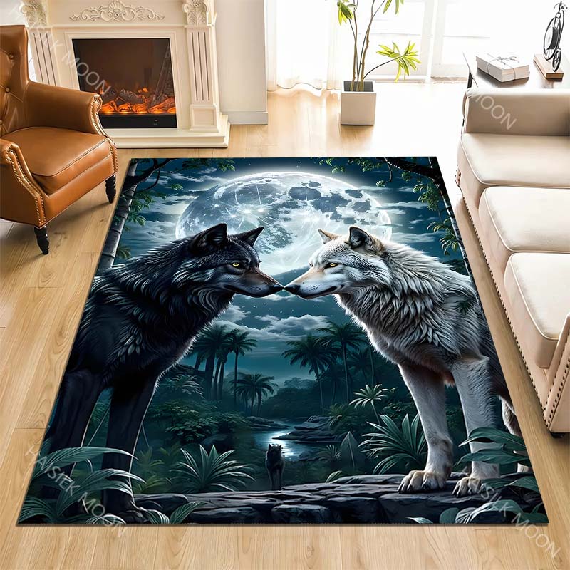 1PC Full Moon Forest Black Wolf White Wolf Carpet for Living Room Bedroom Sofa Home Decor Rus Non-slip Floor Mat Luxury Gift