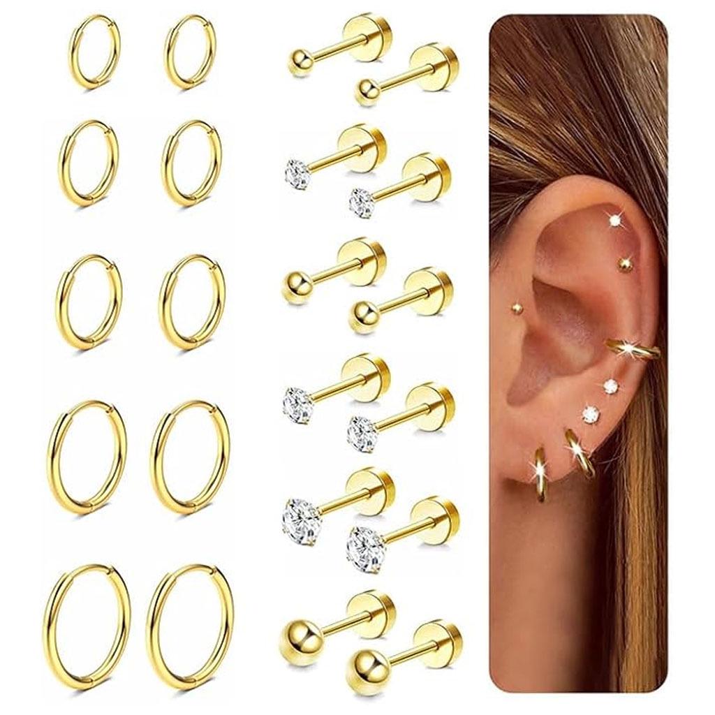 Stainless Steel European-American Style Stud & Hoop Earring Set