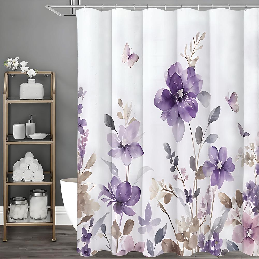 Purple Crushed Shower Curtain, Abstract Watercolor Floral Botanical Butterfly Rustic Farmhouse Bathroom Decorative Shower Curtai