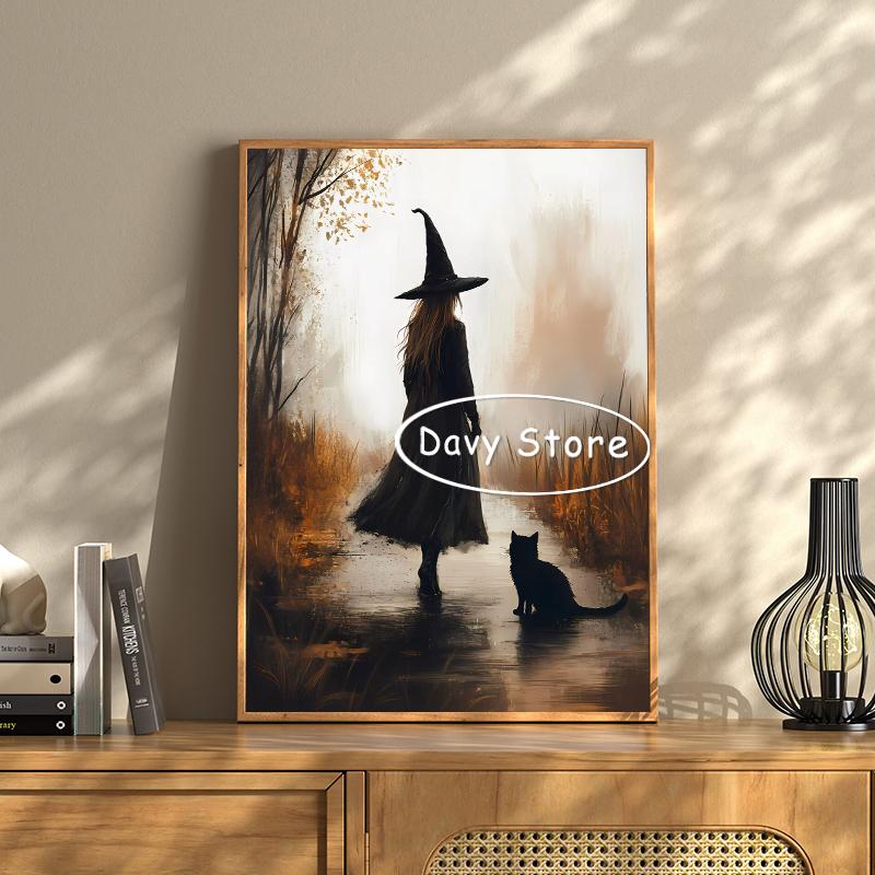 Vintage Witch Black Cat Dark Academia Poster Print Canvas Painting Halloween Witchy Wall Art Picture Gothic Room Home Decor