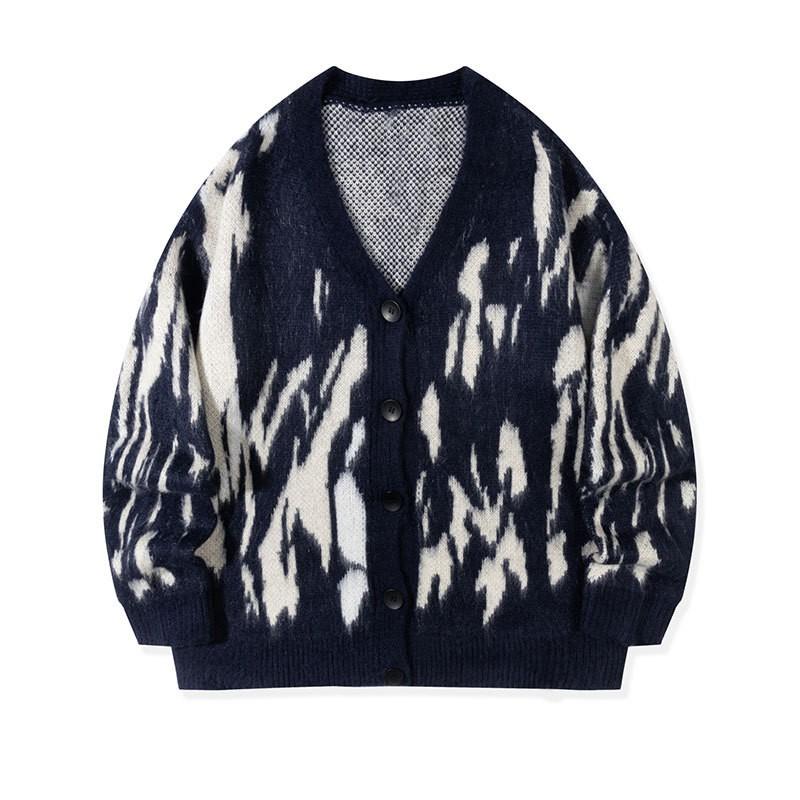 Mens Street Style Knit Cardigan Fall Loose Fit Color Block Sweater Casual Long Sleeve Top Teens