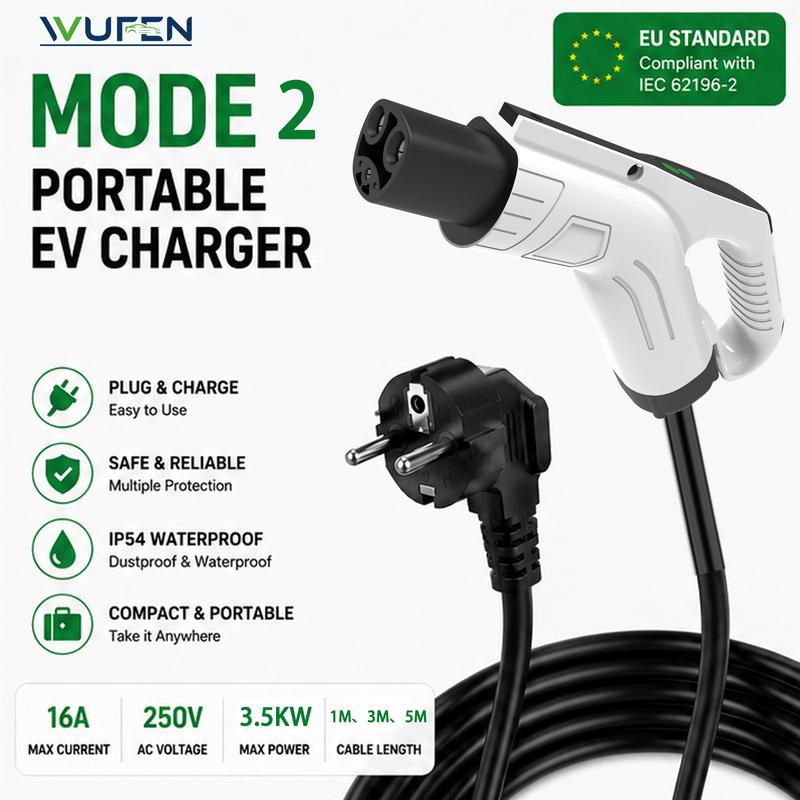 WUFEN 3.5KW 16A Portable Electric Vehicle EV Charger with 1M-5M Cable Tesla EVSE EU Plug NACS Charging for Electric Cars