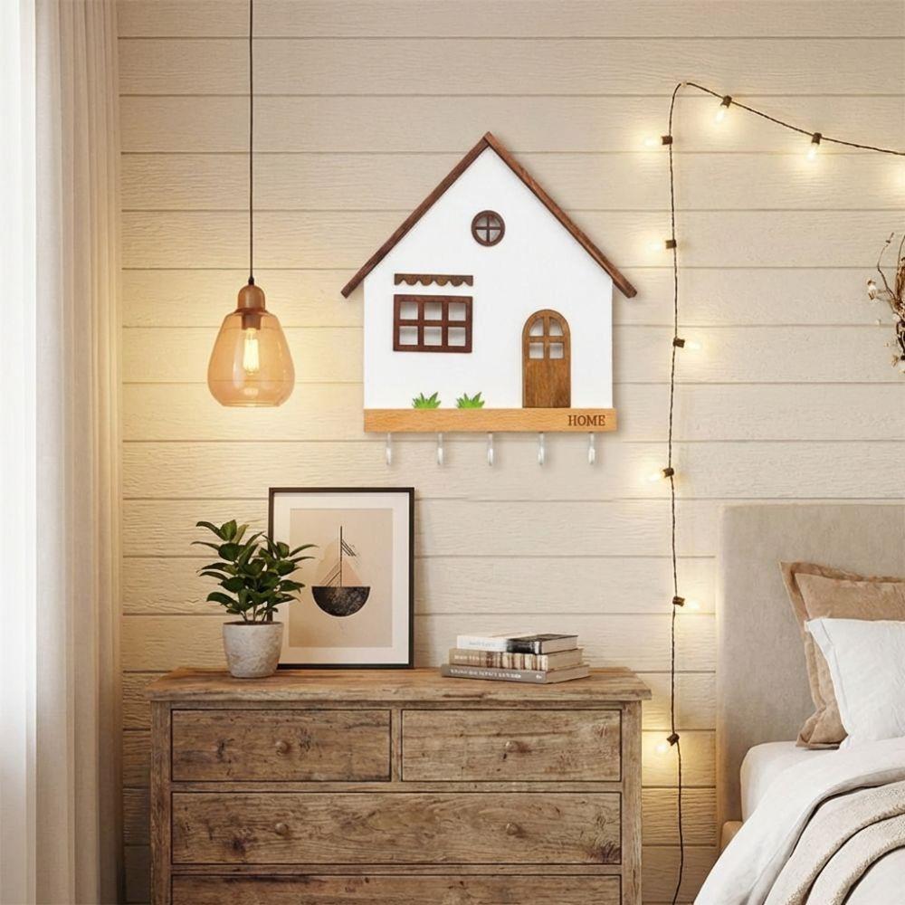 Kreativer Holz-Wandhalter Schlüsselhalter 5-Haken-Design Mehrzweck-Schlüsselregal Hausform Rustikale Dekorationshaken Eingangsbereich