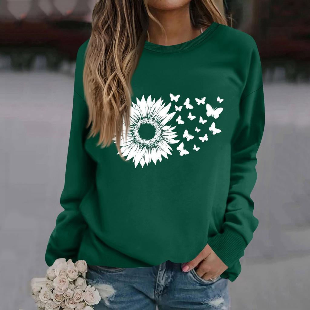 Women's Fashion Casual Long Sleeve Solid Color Printed Round Neck Top Sweatshirt